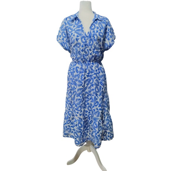 Ophelia Roe Dresses & Skirts - Ophelia Roe Eyelet Midi Dress Blue White Leaf Print Cottagecore Tradwife Size XL